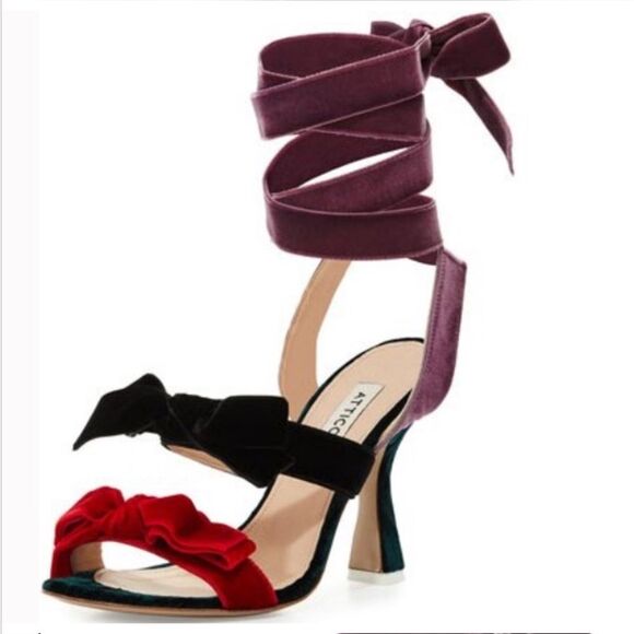 ATTICO Size 38 US 8 Diletta Ankle Wrap Sandals Velvet Bow Tie High Heels Shoes - Picture 2 of 12